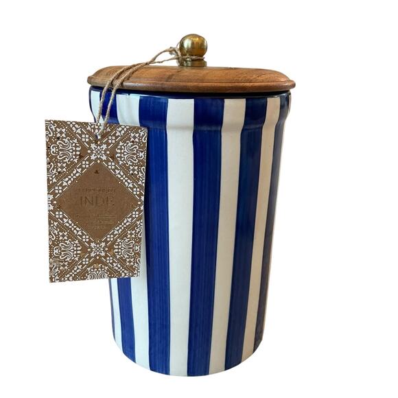 Hand Painted Striped Ceramic Canister w/ Wood Lid Made in India Blue Cream 8" - Picture 1 of 15